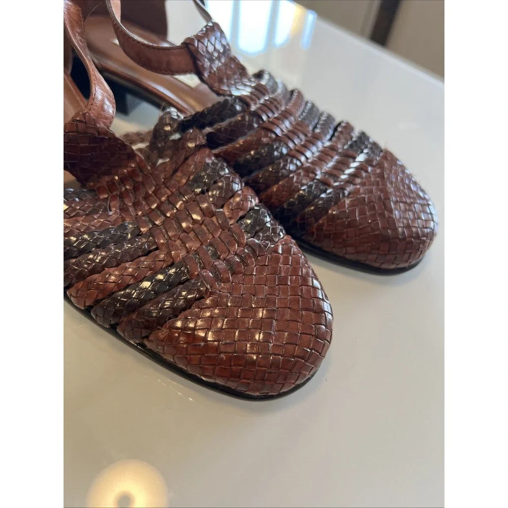 Trotters Woven Leather T-Strap Women' Shoes 8M Brown  Boho Preppy Ankle Strap